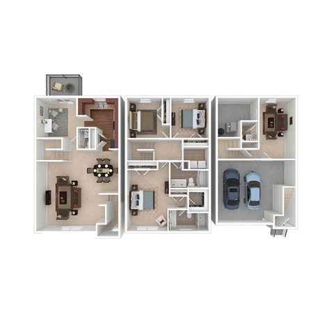 A top-down view of a house layout with a living room, kitchen, dining area, and two bedrooms.